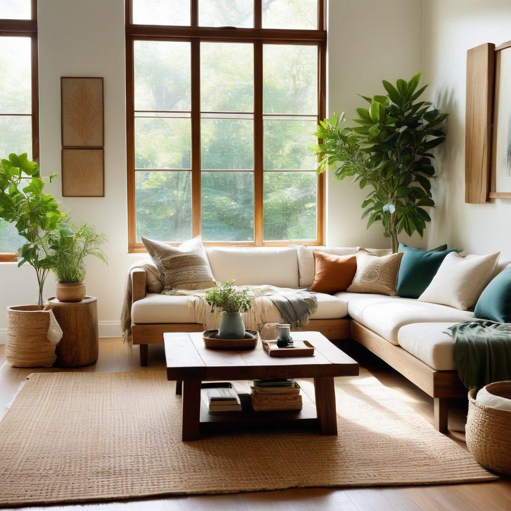 A cozy living room featuring stylish eco-friendly furnishings, such as a reclaimed wood coffee table, sustainable fabric sofa, and lush greenery. The space should be bright and inviting, with sunlight streaming through large windows, highlighting the natural textures and colors. Include decorative elements like organic cotton throw pillows and a jute rug. super-realistic. vibrant colors. soft natural lighting.