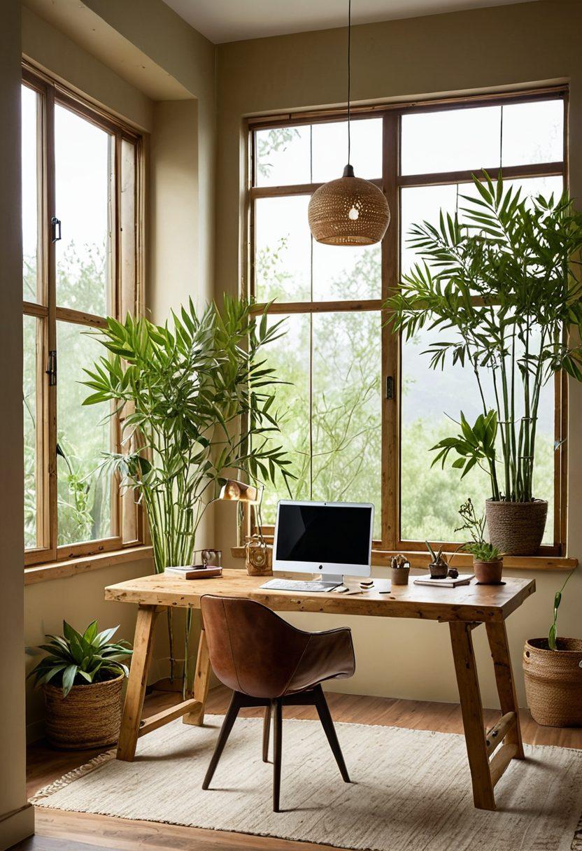 A cozy living room transformed into an eco-conscious workspace, featuring sustainable furniture, plants for air purification, and natural light streaming through large windows. The decor should highlight earthy tones and recycled materials, with a subtle blend of comfort and productivity. Include elements like a stylish desk, ergonomic chair, and decorative items made from bamboo or reclaimed wood. super-realistic. vibrant colors. bright and airy atmosphere.