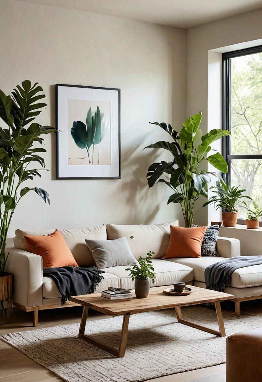A cozy, modern living room showcasing stylish and sustainable furniture pieces made from reclaimed materials. Include a chic sofa with eco-friendly cushions, a wooden coffee table with a natural finish, and indoor plants enhancing the atmosphere. The color palette should be warm and inviting, with soft lighting creating a serene ambiance. Minimalist decor elements emphasizing sustainability. super-realistic. vibrant colors. minimalistic design.